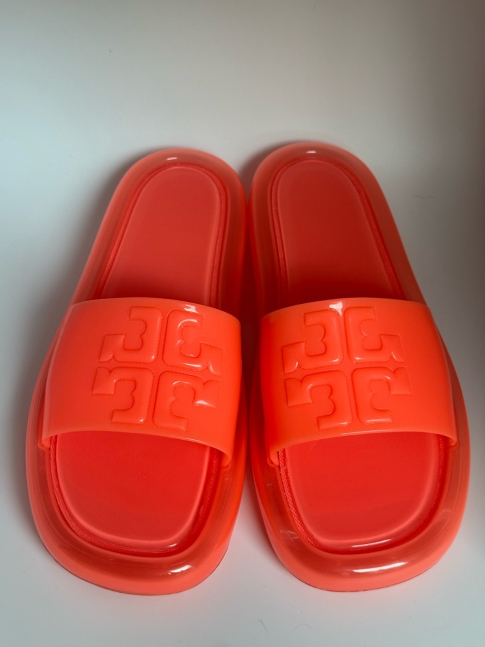Tory Burch Bright Orange Jelly Logo Slide Sandals